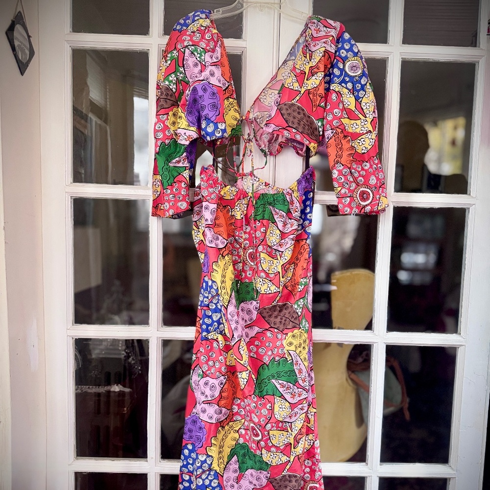 Mara Hoffman Maxi Floral Cut-Out Shaina Puff-Sleeve Dress Organic Cotton Sz. L - Picture 10 of 12
